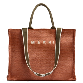 Marni Large Raffia Tote Bag, Brick/Olive 